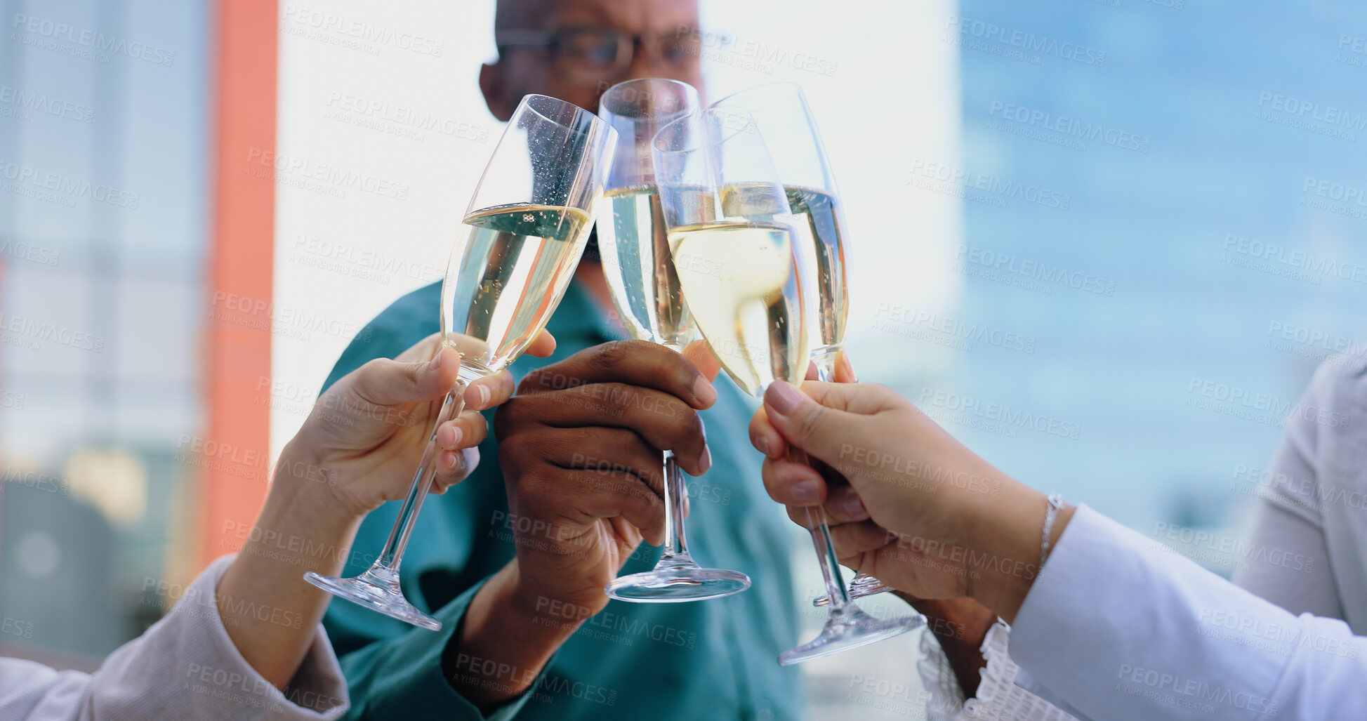 Buy stock photo Toast, Champagne in hands and glasses to celebrate and business people outdoor for success together and corporate achievement. Cheers, alcohol drinks and winning at office with support and teamwork