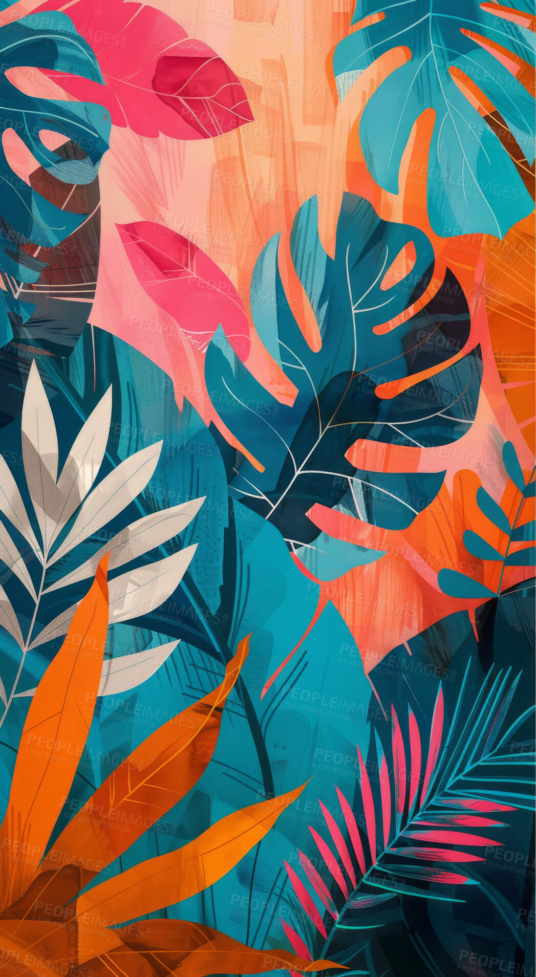 Buy stock photo Background, wallpaper or abstract plants on canvas for wall frame, backdrop or print. Colourful, creative art or beautiful texture painting for interior artwork, copyspace and creativity inspiration