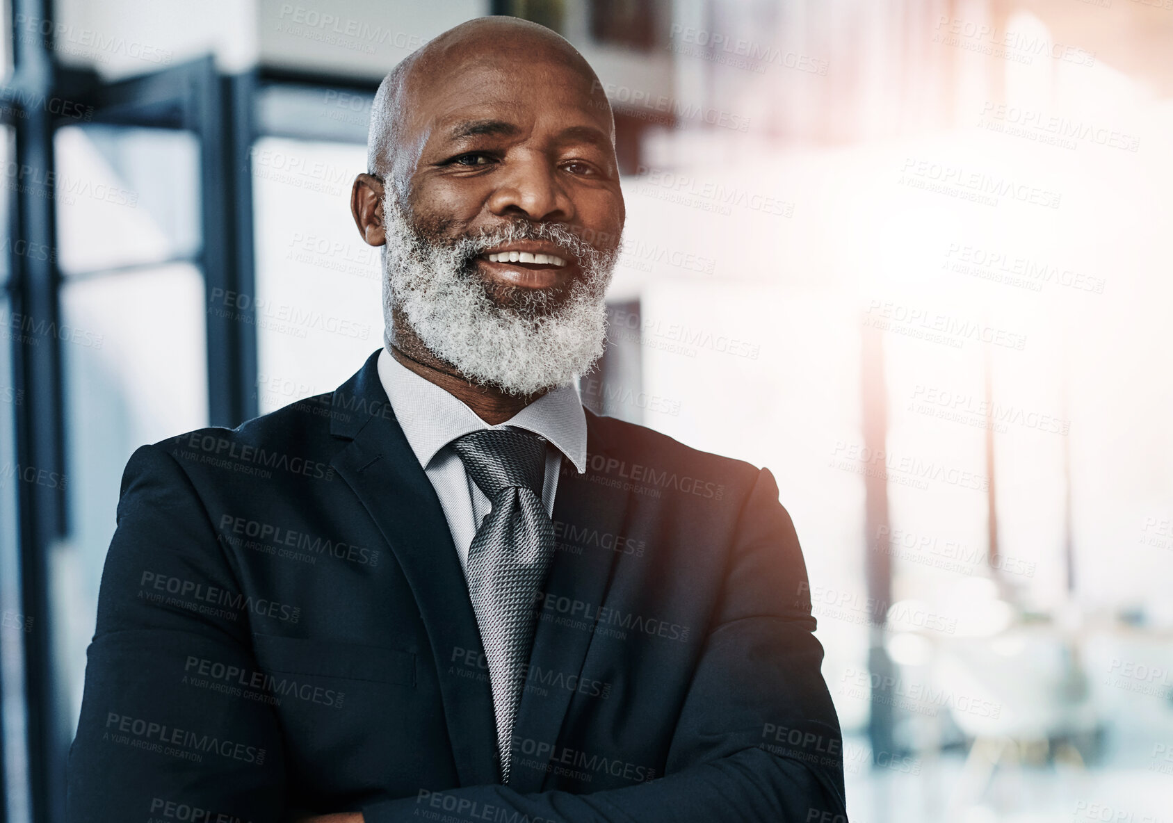 Buy stock photo CEO, portrait and mature black man in office for corporate career, business or leadership in Kenya. Face, happy professional and executive entrepreneur, boss and financial manager in suit at company