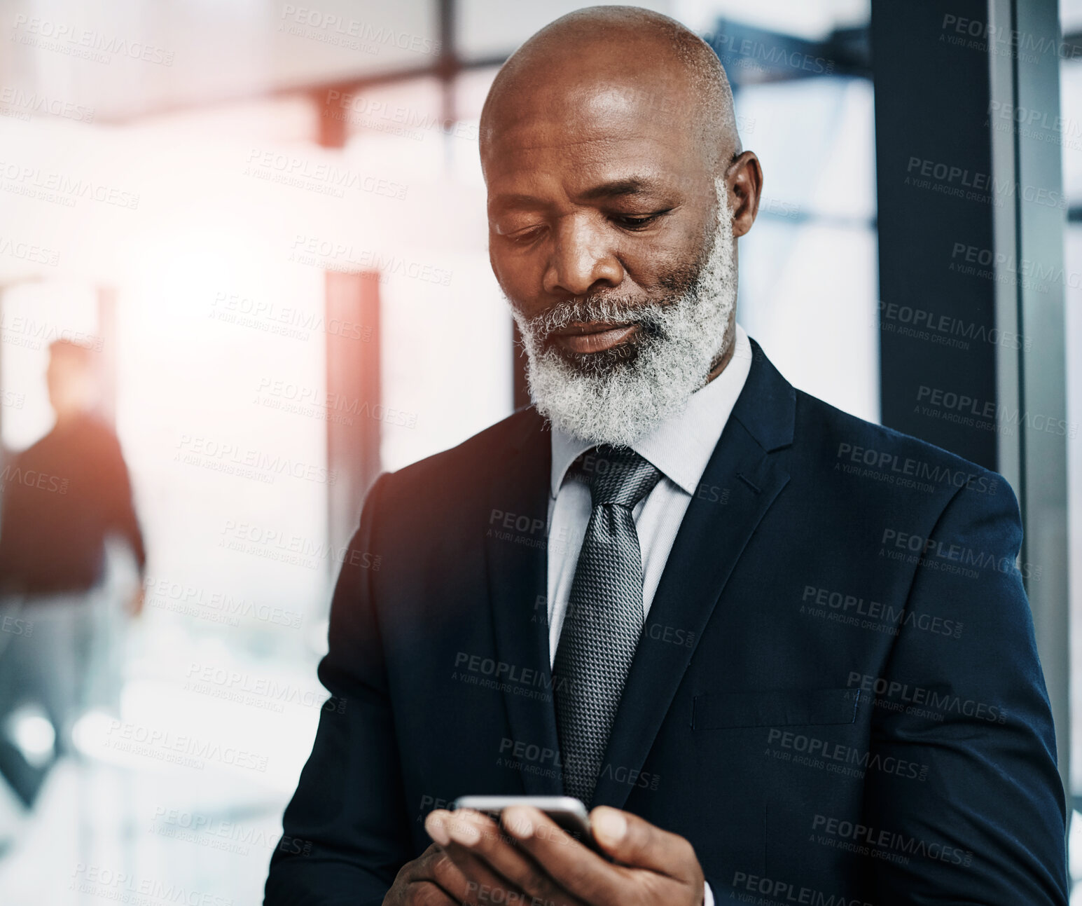 Buy stock photo Mature, man and typing in office with smartphone, professional CEO and networking with executive. Message, business notification and internet search in workplace, web and email on communication app