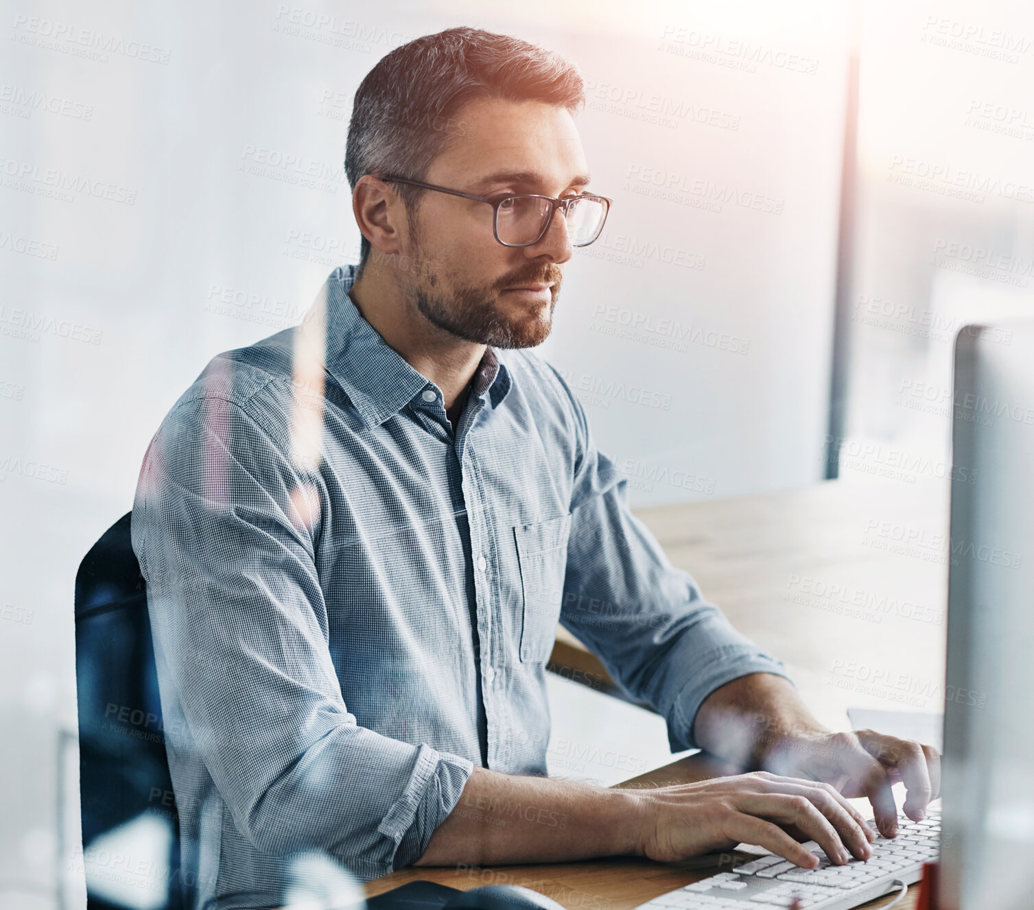 Buy stock photo Office, computer and business man typing at desk for project proposal, update report or feedback. Admin, human resources and employee with keyboard for planning, agenda or review plans in workplace