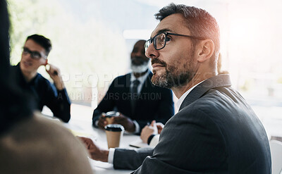 Buy stock photo Startup, planning and business people in meeting listening to ideas for sales growth in development project. Partnership, collaboration or employees talking, b2b training or speaking of kpi target