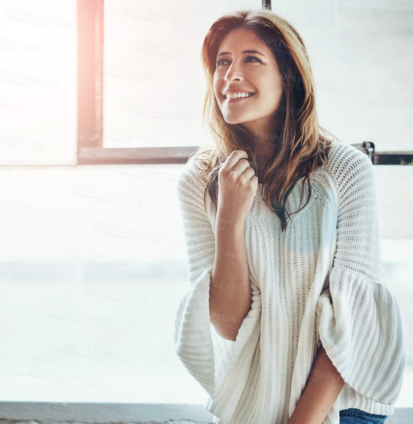 Buy stock photo Thinking, woman and casual by window in house or apartment for relax, calm and peace on weekend. Female person, planning and cheerful in home with happiness in lounge with stylish and trendy fashion