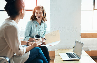 Buy stock photo Smile, planning and team of business women in discussion, meeting or brainstorming in startup. Laptop, creative or collaboration for project proposal, training or journalist writing notes on report