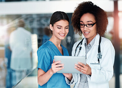 Buy stock photo Women, doctor and nurse with tablet, teamwork and online reading for research, update schedule and digital app. People, employees and medical with professional, tech and cooperation for telehealth