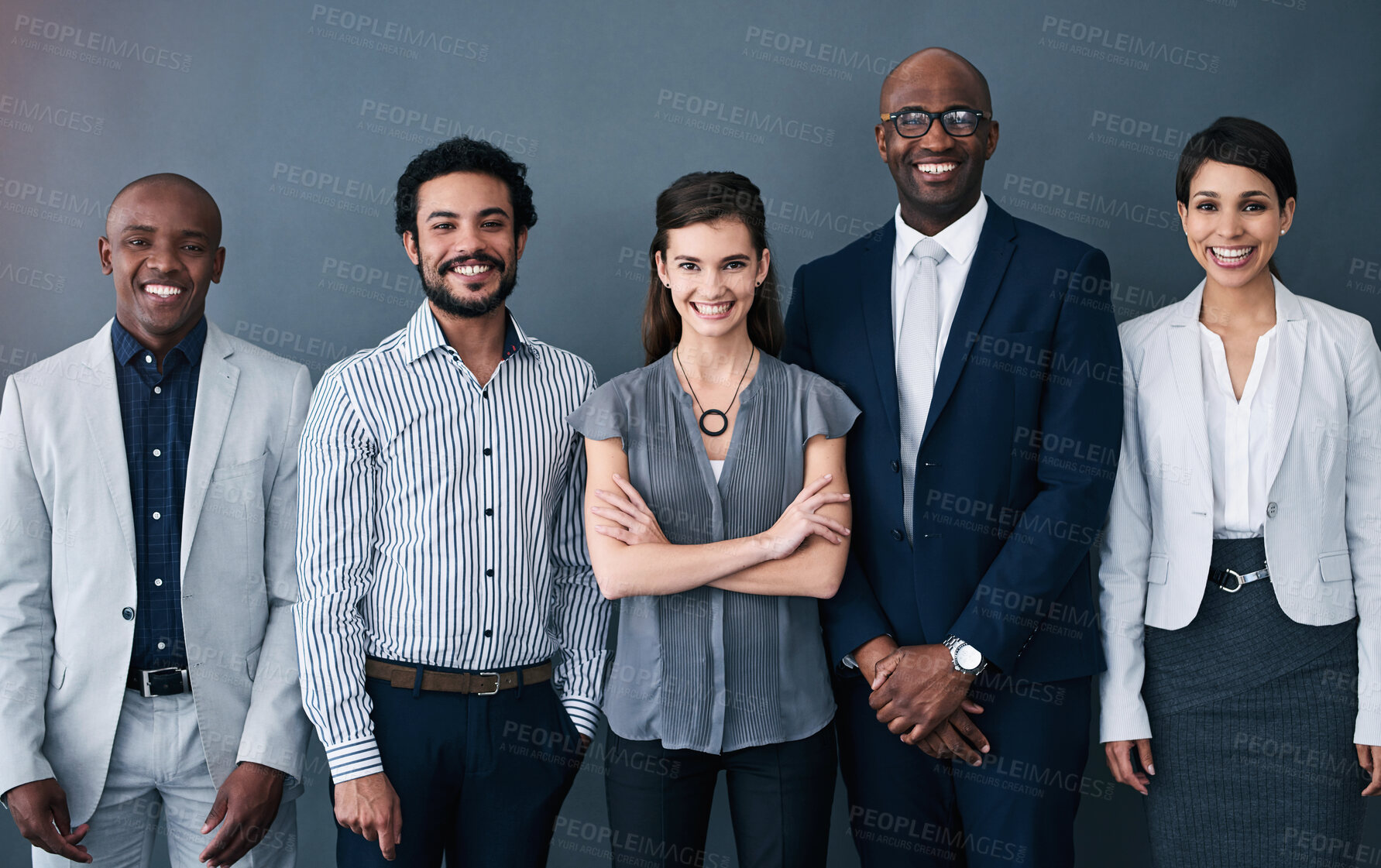 Buy stock photo About us, people and happy on portrait in studio on grey background with pride for teamwork and collaboration. Employee, diversity and smile with confidence for partnership, project and business