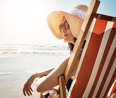 Buy stock photo Beach, chair and calm woman at the ocean for summer, vacation and adventure in nature. Relax, travel and girl person at the sea for tropical, journey or holiday, explore and chilling alone in Cancun