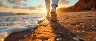 Elderly, woman and beach walking in golden sunset. Retirement, vacation and background. Travel mockup, ocean and senior, backdrop and peaceful for reminiscing or quality time to reflect on past days