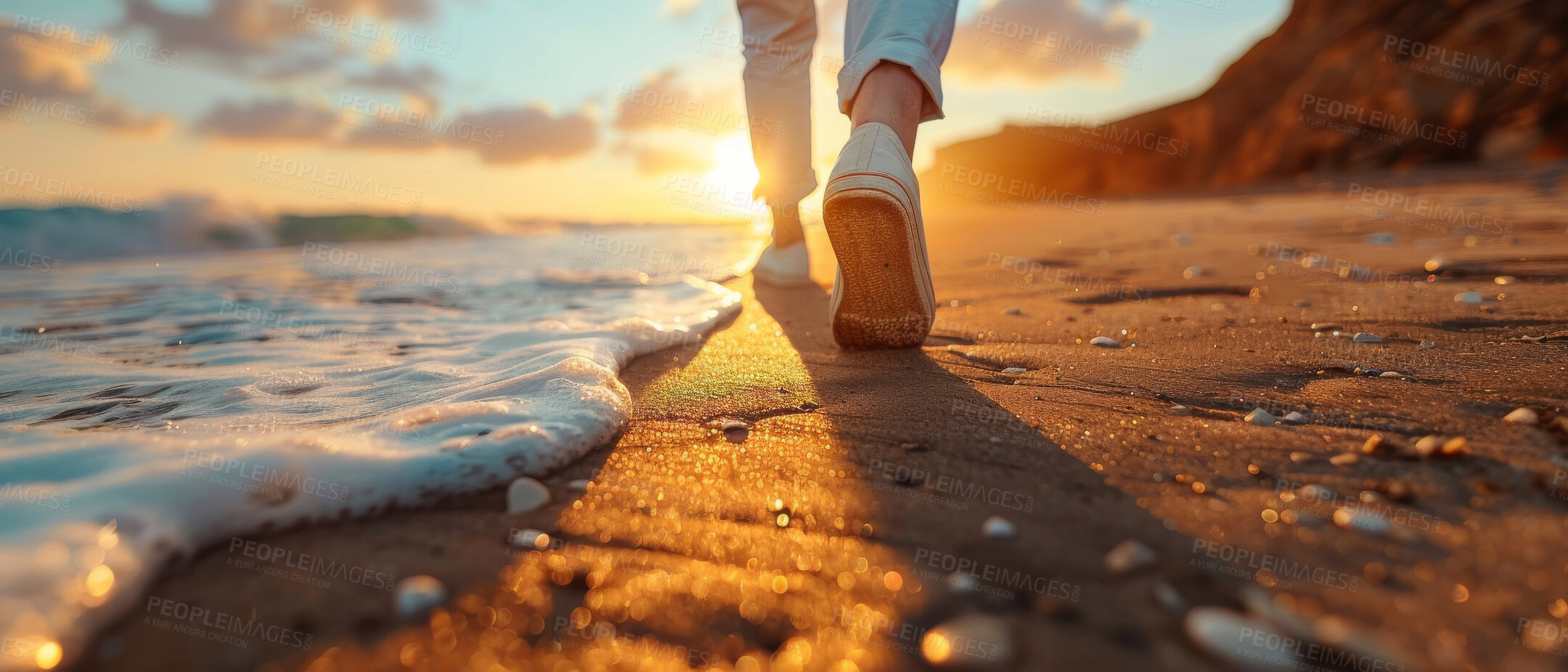 Buy stock photo Elderly, woman and beach walking in golden sunset. Retirement, vacation and background. Travel mockup, ocean and senior, backdrop and peaceful for reminiscing or quality time to reflect on past days