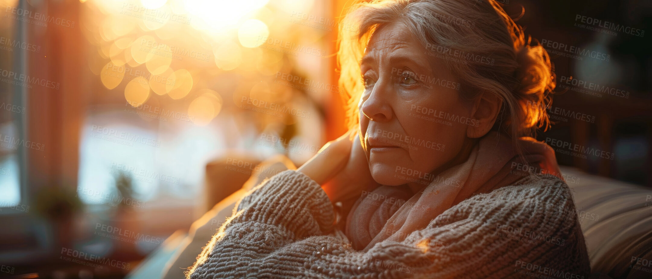 Buy stock photo Thoughtful, elderly and woman looking sad. Portrait, senior and mental health concept in the living room. Reflecting, depressed and looking. Background for mental health and reminiscing about past