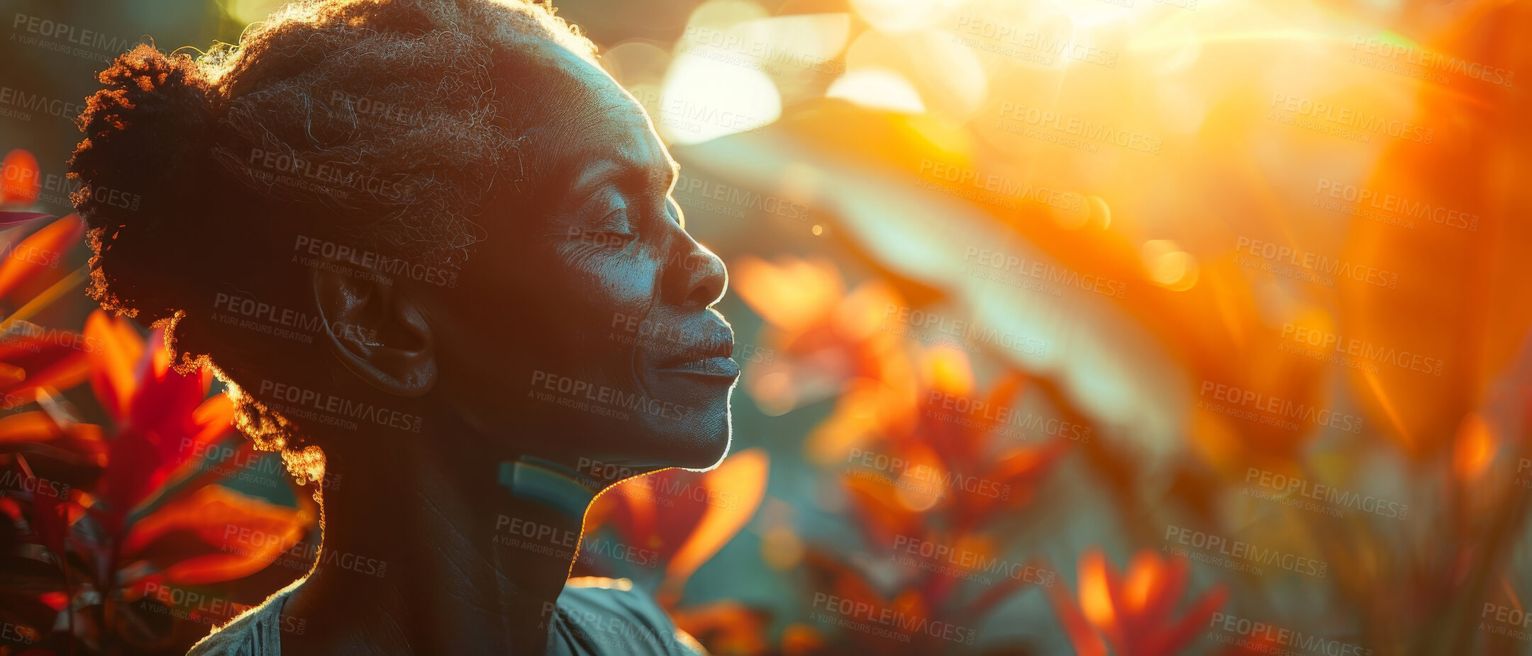 Buy stock photo Meditate, elderly African and woman in garden. Senior, female and mental health concept. Spiritual, peaceful and worshipping eyes closed for focus, well being and contentment in nature with sunset
