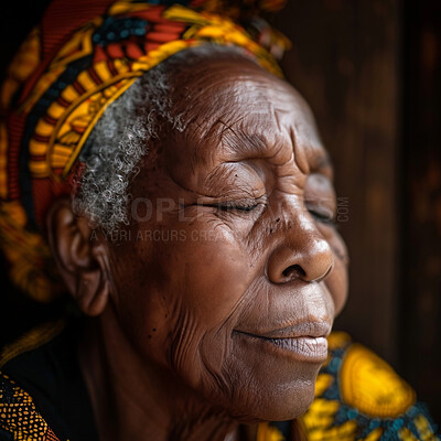 Praying, elderly African and woman. Senior, female and mental or spiritual health concept. Thinking, contentment and peaceful, eyes closed for focus, well being and religious practice or worship