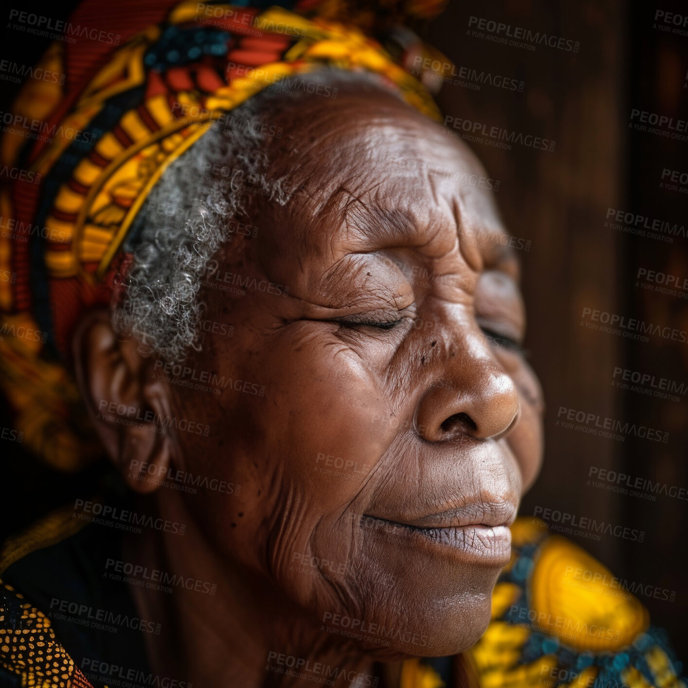 Buy stock photo Praying, elderly African and woman. Senior, female and mental or spiritual health concept. Thinking, contentment and peaceful, eyes closed for focus, well being and religious practice or worship