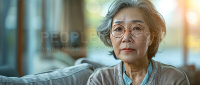 Portrait thinking and senior Asian woman in retirement home, reflection and remembering past life. Elderly, relax and contemplating future or memory, nostalgia and wellness in apartment on couch