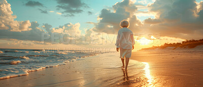 Elderly, woman and beach walking in golden sunset. Retirement, vacation and background. Travel mockup, ocean and senior, backdrop and peaceful for reminiscing or quality time to reflect on past days