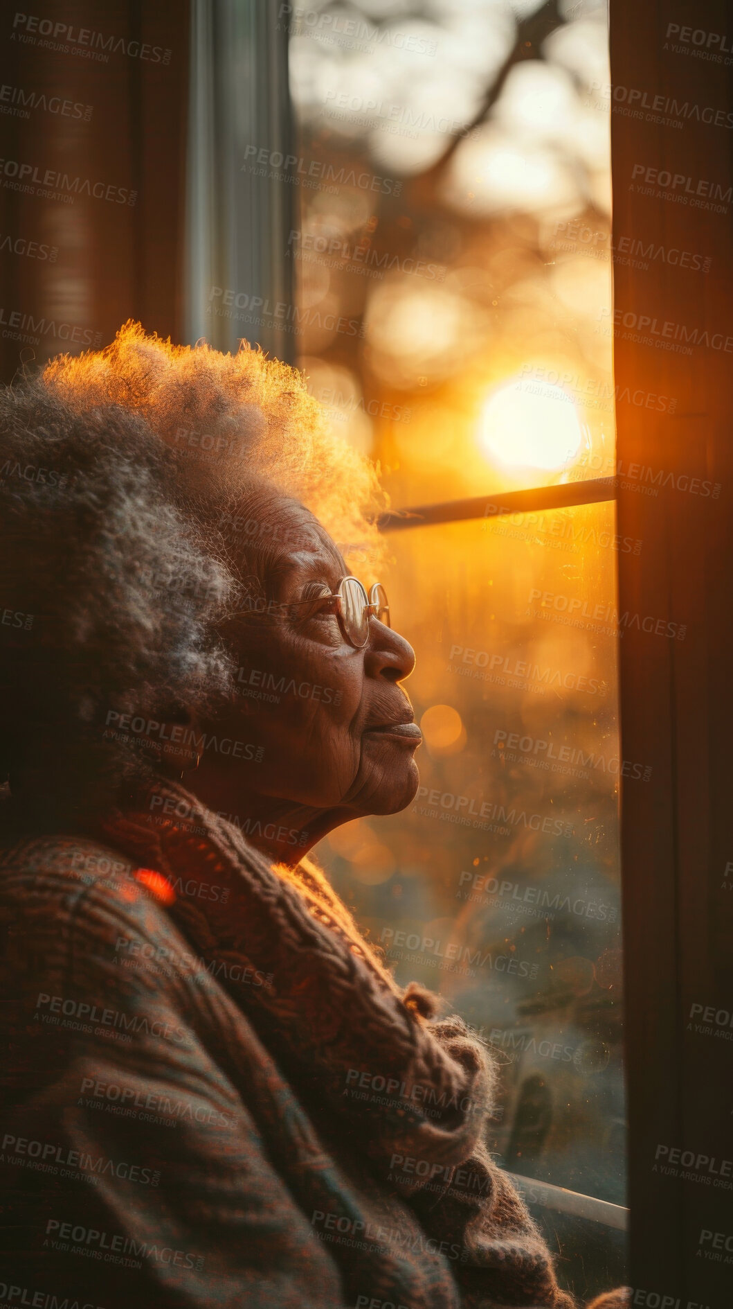 Buy stock photo Thoughtful, elderly African and woman at home. Senior, female and mental health in the living room. Spiritual, longing and reflecting looking out of window. Retirement, reminiscent and lifestyle.