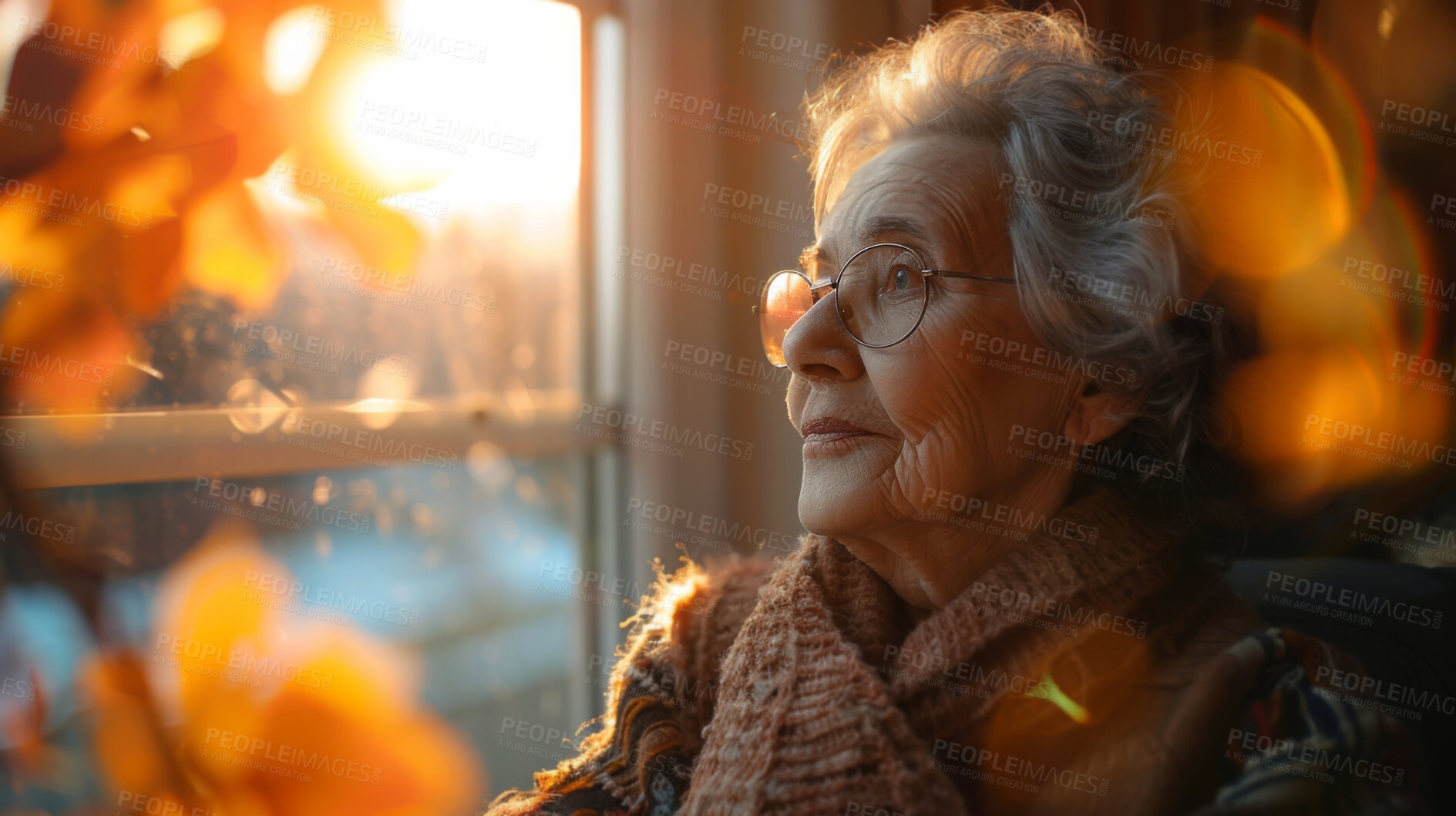 Buy stock photo Thoughtful, elderly and woman at home. Senior, female and mental health in the living room. Spiritual, longing and depressed looking out of window for mental health and reminisce about past