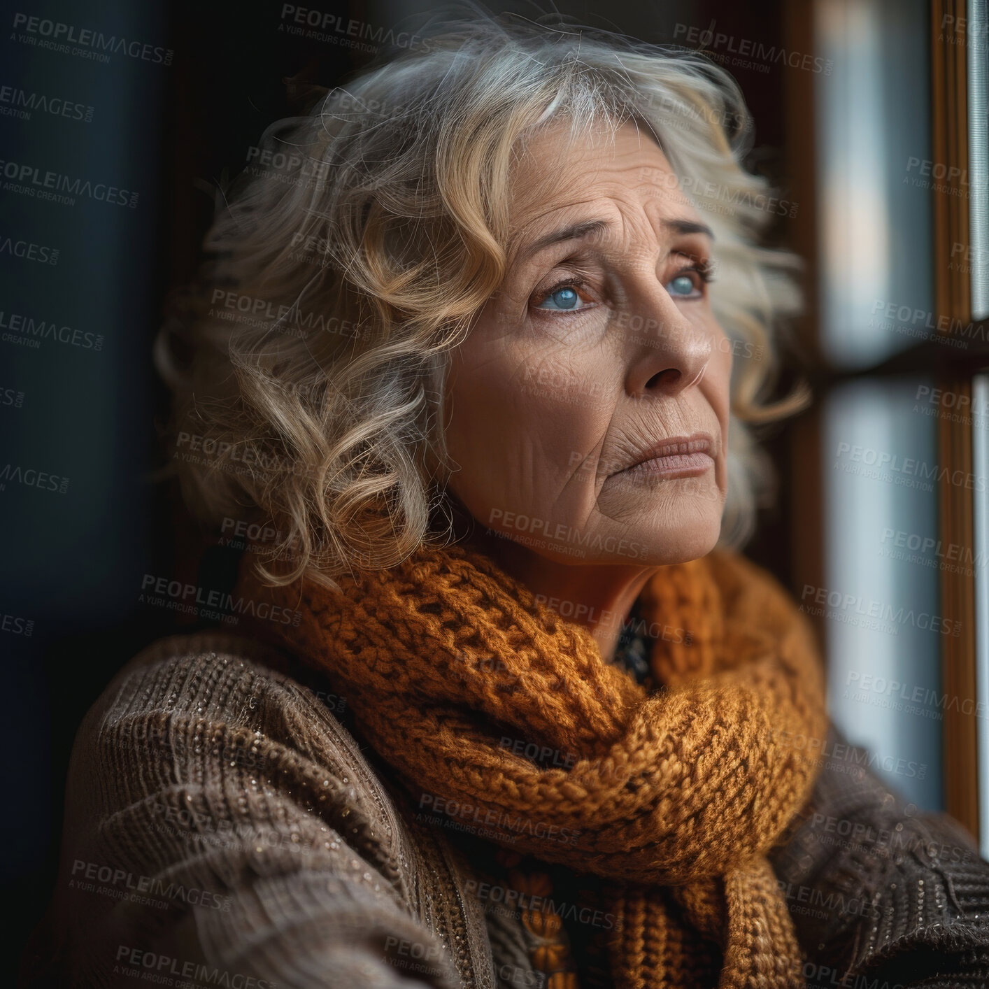 Buy stock photo Sad, thinking and senior woman at a window in a home for the morning view, idea or calm. Depressed, thoughtful and an elderly person with hope while in a house during retirement and vision for old age