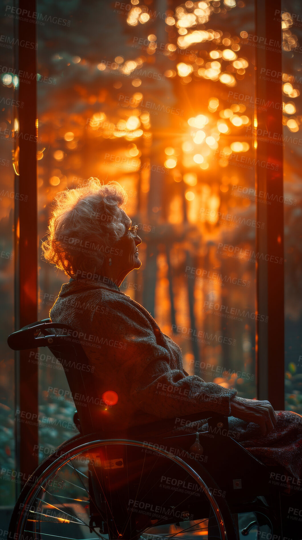 Buy stock photo Thoughtful, elderly and woman in wheelchair. Senior, female and mental health concept in living room. Sadness, longing and depressed looking out of window reminiscing with sunset background.