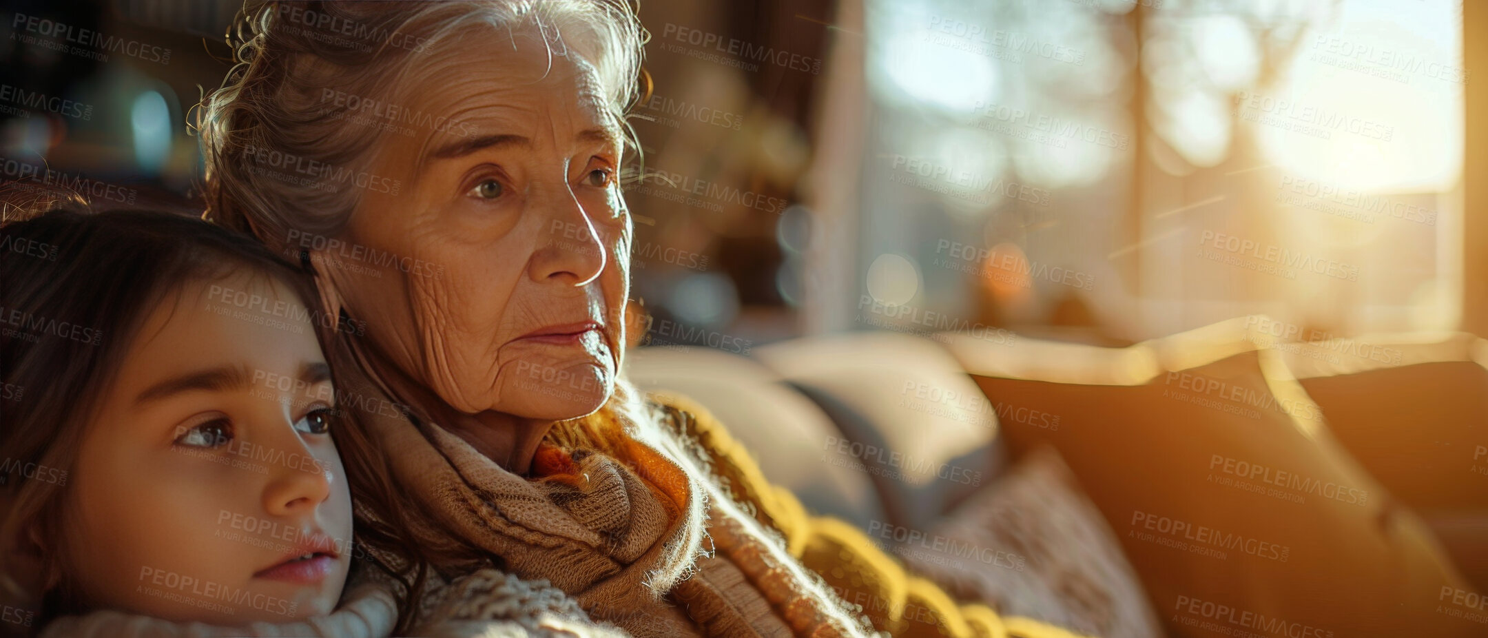 Buy stock photo Girl, grandma and sofa for love in bonding time together in home in school holiday. Grandmother, kid and living room care, relationship and time as family connecting on couch in living room