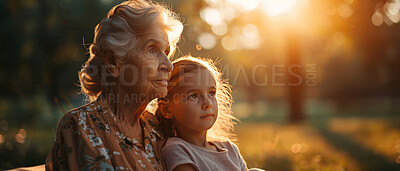 Girl, grandma and park bench for love and quality time.Together in garden during school holiday. Grandmother, kid and outdoors bonding in relationship and time as family with sunset background.