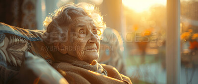 Thoughtful, elderly and woman at home. Senior, female and mental health concept in the living room. Sadness, longing and depressed. Background, sunset for retirement and thinking about past time