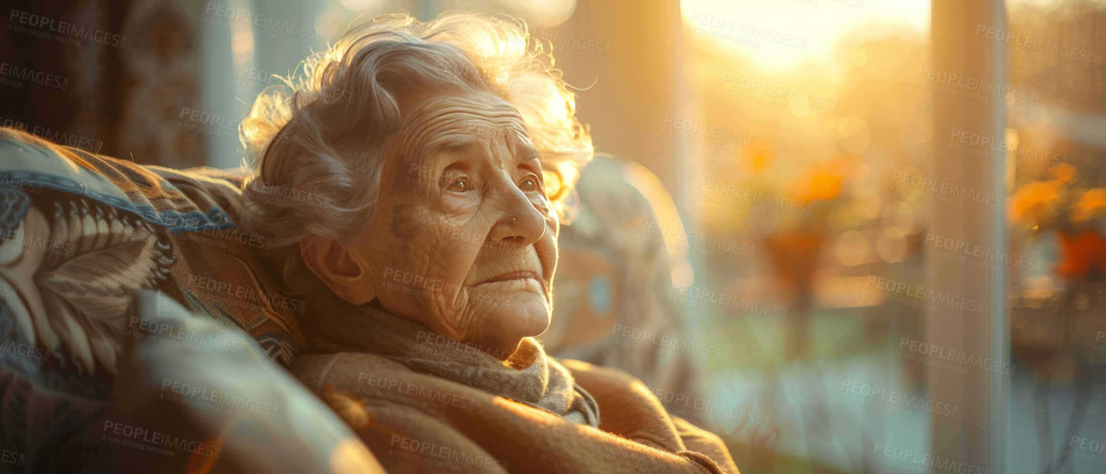 Buy stock photo Thoughtful, elderly and woman at home. Senior, female and mental health concept in the living room. Sadness, longing and depressed. Background, sunset for retirement and thinking about past time