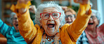 Laughing, women and elderly friends on a couch celebrating together in the living room of a home. Happiness, bonding and senior females in retirement connecting and talking in the lounge of a house