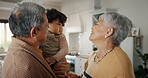 Smile, love and grandparents with grandchild at their home for bonding in the living room together. Happy, family and senior woman and man from Mexico with a baby, toddler or kid at modern house.