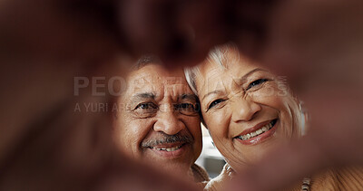 Happy, selfie and senior couple in a living room with heart, hands or frame zoom in their home together. Smile, portrait and elderly people bond in retirement with profile picture, memory or love