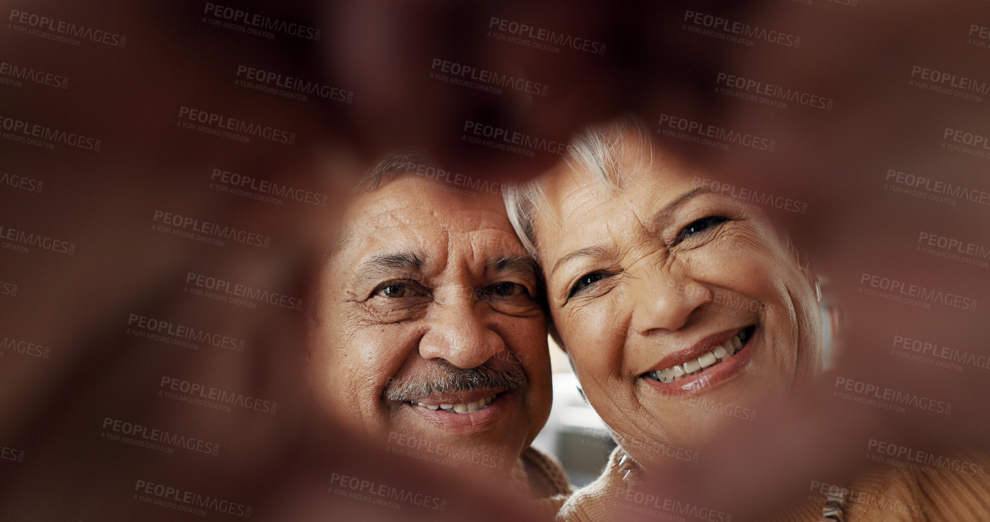 Buy stock photo Happy, selfie and senior couple in a living room with heart, hands or frame zoom in their home together. Smile, portrait and elderly people bond in retirement with profile picture, memory or love