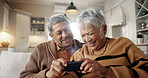 Senior couple, selfie and smile on couch, hug and bonding with love, check post and relax in retirement in home. Elderly woman, man and laugh with profile profile, web blog and social media on sofa