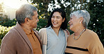 Woman, laughing or senior parents hug for bonding, support or love in backyard of a family house. Old man, funny or mature mom with a happy daughter in outdoor porch together on holiday vacation