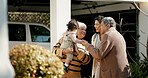 Family, welcome and hug outdoor of home in backyard with mother, grandparents and child with love and care. Reunion, woman and kid visit parents, travel and surprise for holiday with embrace or joy