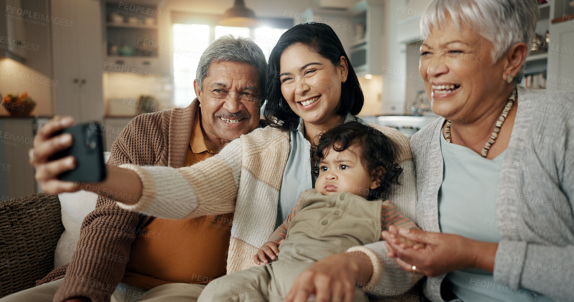 Buy stock photo Selfie, woman and senior parents with baby bonding together on a sofa for relaxing at home. Happy, smile and female person taking a picture with elderly people and child in retirement in the lounge.