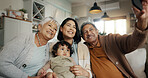 Grandparents, woman and baby in selfie, home and bonding with love, support and relax for memory on social media. Elderly woman, old man and mom with child, together and photography in family house