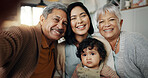 Happy family, love and selfie in a living room relax, bond and laughing in their home. Portrait, smile and baby with mother and grandparents in a lounge together for profile picture, moment or memory