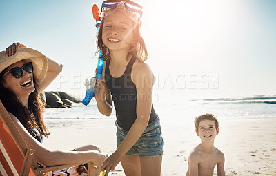 Buy stock photo Beach, family and portrait of children with mother on sand for playing on holiday, vacation and adventure. Happy, summer and mom with kids laughing by ocean for bonding, relaxing and fun outdoors