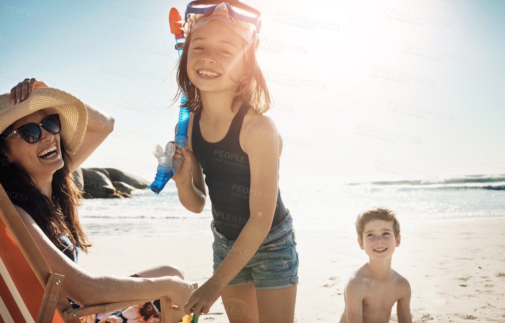 Buy stock photo Beach, family and portrait of children with mother on sand for playing on holiday, vacation and adventure. Happy, summer and mom with kids laughing by ocean for bonding, relaxing and fun outdoors