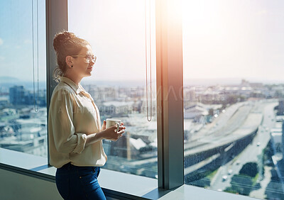 Buy stock photo Businesswoman, office and thinking at window with coffee, mental planning and memory in morning. Journalist, woman and idea in city with tea, business plan and decision for corporate workplace