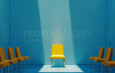 Chair, decor and furniture against a blue background for employment vacancy, hiring concept or recruitment agency. Mockup, design and layout with copyspace for branding and marketing wallpaper