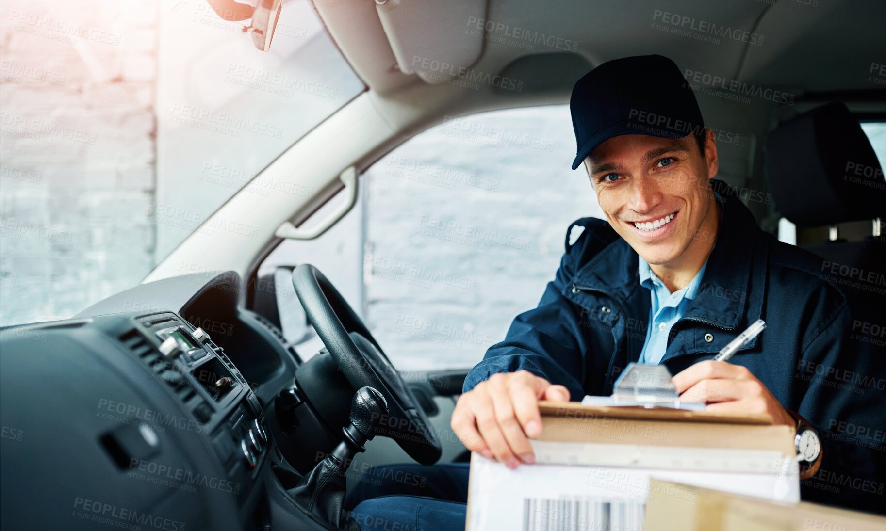 Buy stock photo Courier, man and portrait in van with checklist for address verification, shipping records and order tracking. Male employee, clipboard and dispatch details for delivery schedule and confirmation.