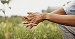 Hands, cleaning and water or outdoor for hygiene bacteria or wellness splash, forest or dirt. Person, fingers and liquid drops in nature or washing for germ protection or eco friendly, wet or hydrate