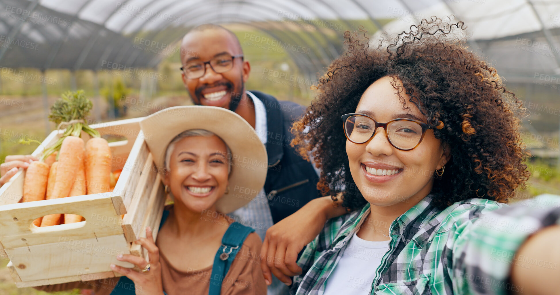 Buy stock photo Farm, selfie and people in greenhouse for vegetable harvest, agriculture or small business. Sustainability, face or happy farmer team in nature for agro profile picture, social media or startup blog