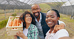 Farm, selfie and people in greenhouse for vegetable harvest, agriculture or small business. Sustainability, face or happy farmer team in nature for agro profile picture, social media or startup blog