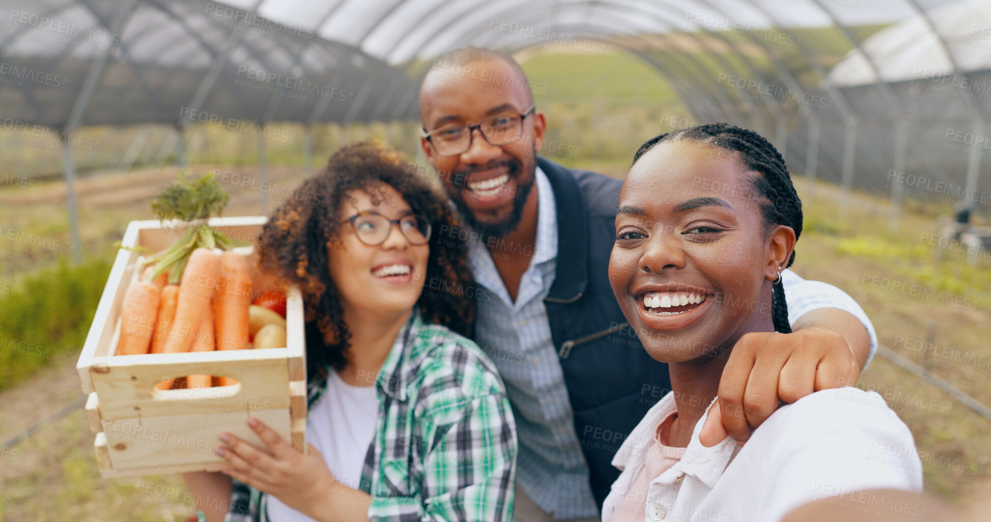 Buy stock photo Farm, selfie and people in greenhouse for vegetable harvest, agriculture or small business. Sustainability, face or happy farmer team in nature for agro profile picture, social media or startup blog