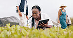 Woman, tablet and inspection at greenhouse or teamwork for vegetable food supply chain, agriculture or quality control. Black person, technology and check land development, eco friendly or production