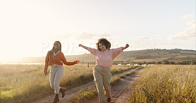 Dance, agriculture and woman friends on farm together for travel, adventure or exploration with energy. Earth, nature and dirt road with young people bonding in the countryside for summer vacation