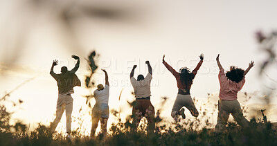 Group, friends and jump or sunset field for outdoor vacation for connection, holiday or milestone. People, community and leap in nature for agriculture celebration in countryside, land or back view