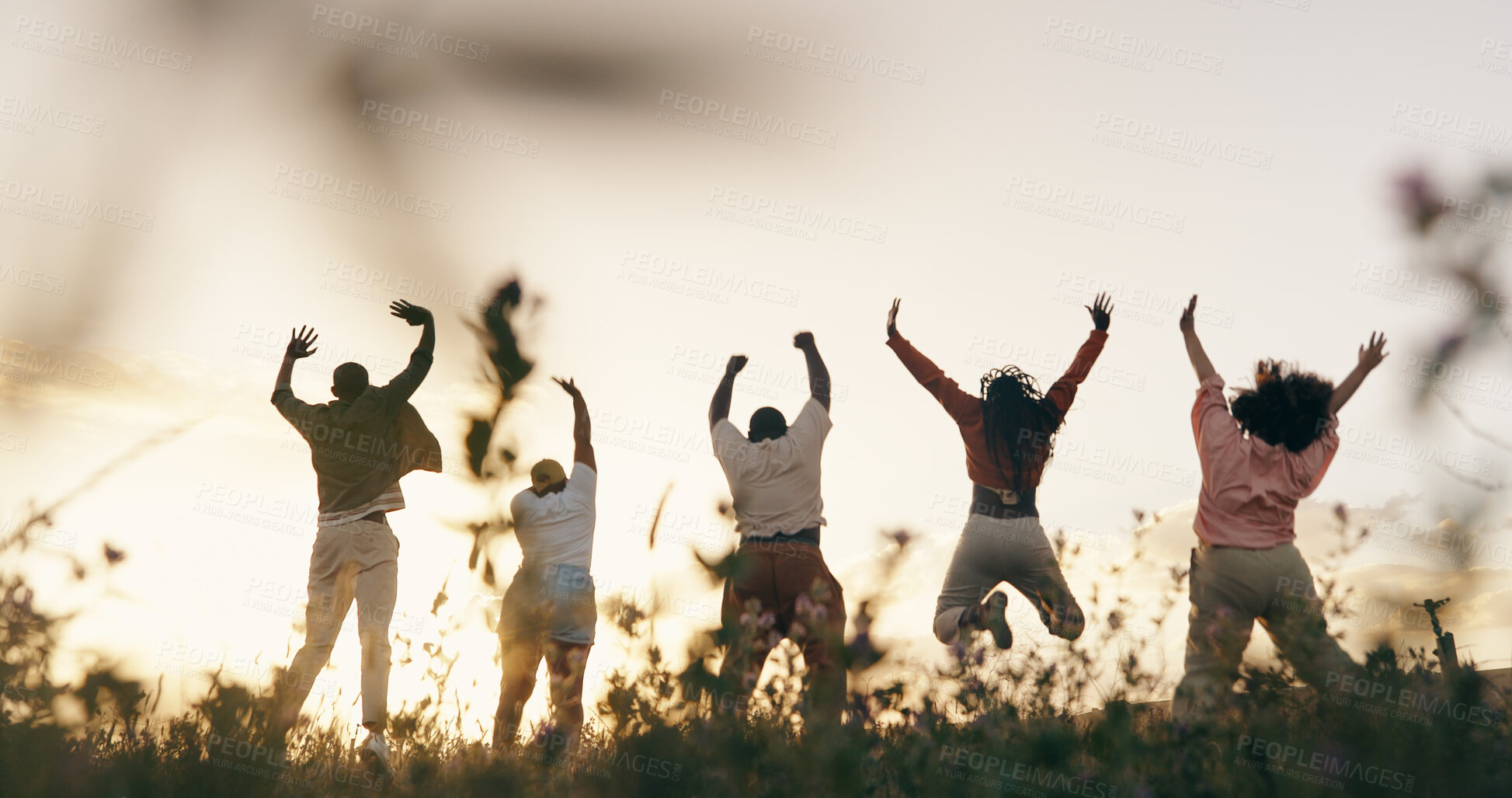 Buy stock photo Group, friends and jump or sunset field for outdoor vacation for connection, holiday or milestone. People, community and leap in nature for agriculture celebration in countryside, land or back view